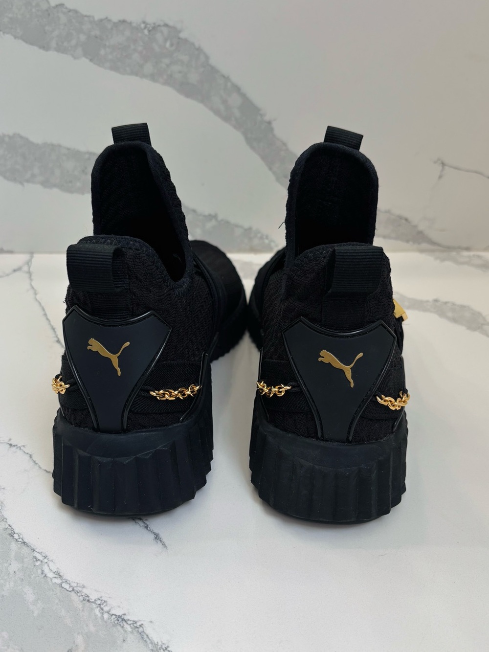 PUMA Women’s 10 Defy Mid Black Training Sneakers with Gold Buckle and Chain - Picture 4 of 8